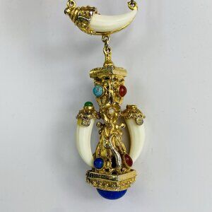 Kenneth Jay Lane Etruscan Revival Snake Gold Gemstone Necklace Horn / Tusk